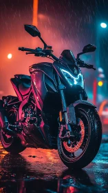 Neon sport motorcycle stands in rainy night city street