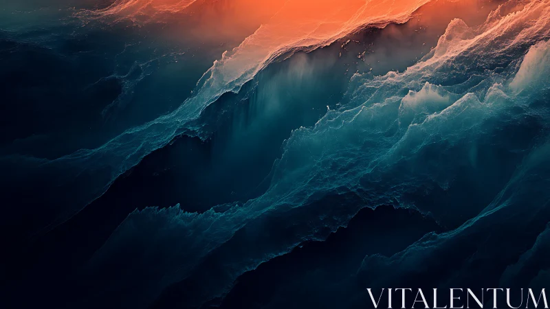 Crimson light ignites deep teal waves in abstract seascape.