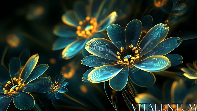 Luminous teal fractal flowers glow in an ethereal night garden.