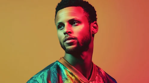 Portrait shows man under vivid red green studio lighting