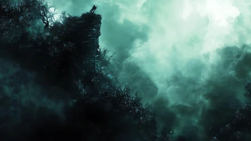 Lone cliff watcher sipping moonlight from storm-thick clouds.