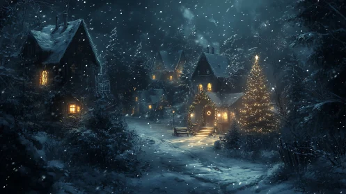Snowy cottage lane glowing with cozy winter lights.