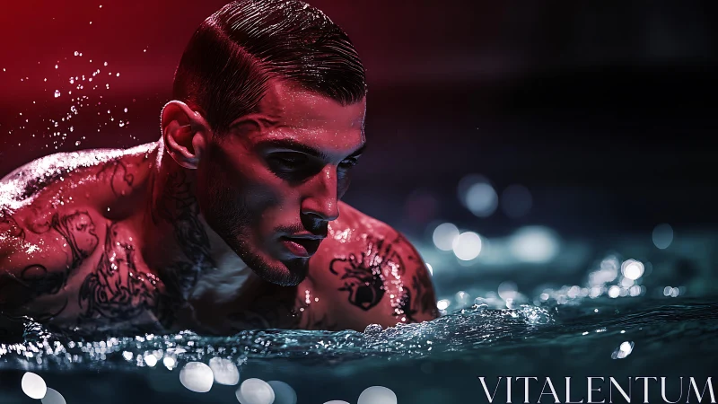 Tattooed swimmer emerging through neon-lit cinematic water.