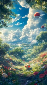 Pokémon creatures in flowered valley under clouded sky.