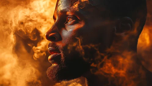 Portrait study in fiery orange smoke with dramatic rim light.