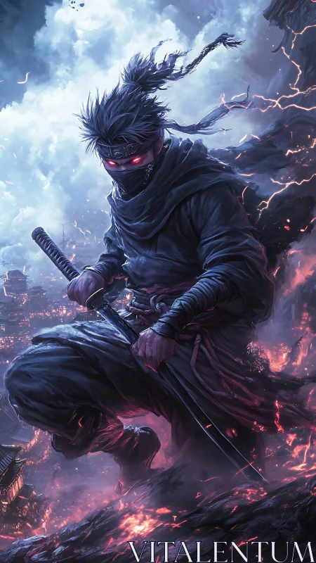 Masked ninja crouches on burning cliff above stormy city
