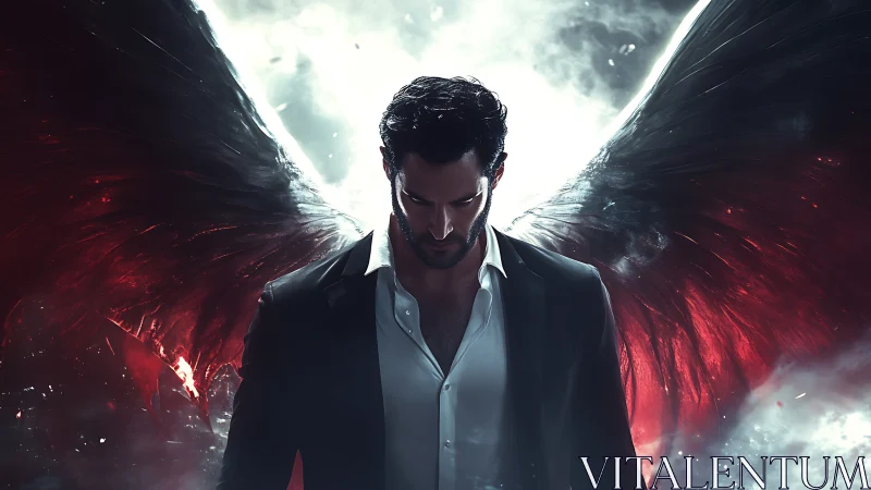 Dark-winged fallen angel in tailored suit amid backlight.