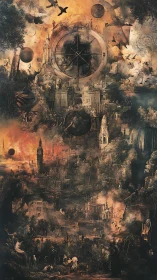 Layered dystopian cityscape with celestial and mythic motifs.