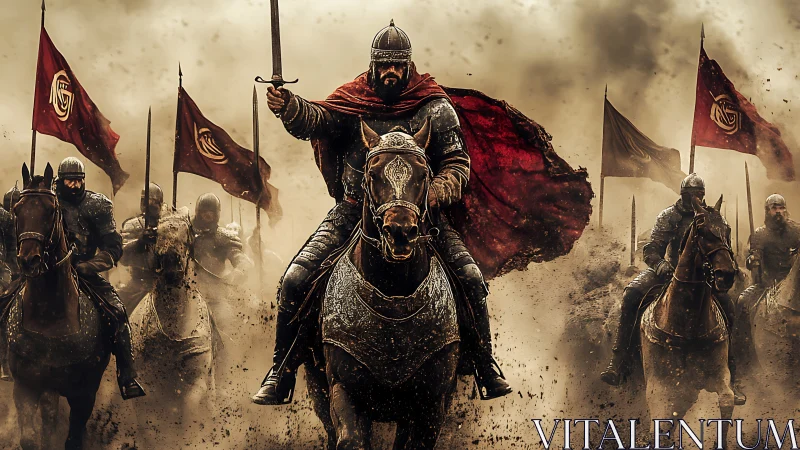 Cinematic medieval cavalry charge with dynamic central rider.