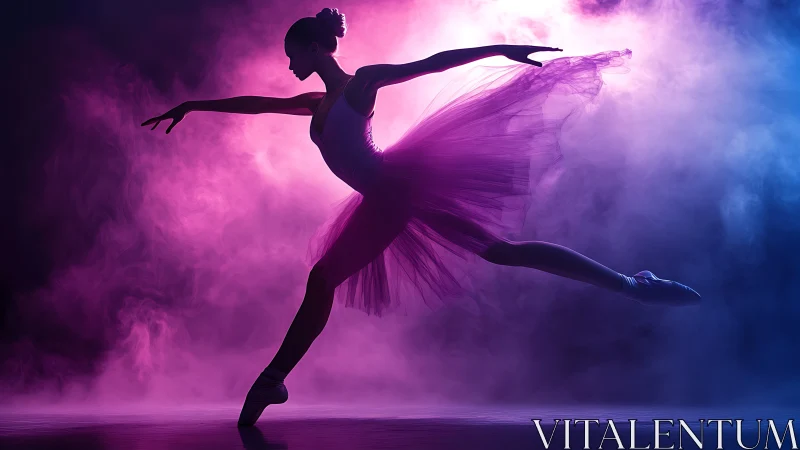 Silhouetted ballet dancer in grand jeté with neon rim lighting