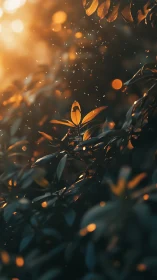 Backlit foliage with golden dust in shallow sunset bokeh.
