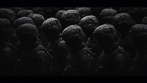 Low-key photoreal soldiers in dense formation, side silhouettes