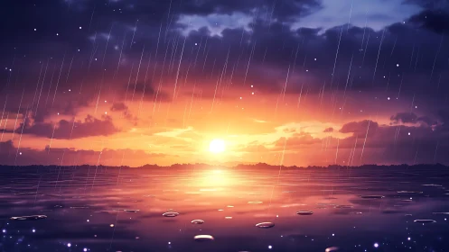 Rainy ocean horizon under vivid orange sunset sky.