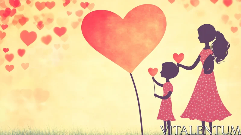 Silhouetted Mother and Children Releasing Heart-Shaped Balloon.