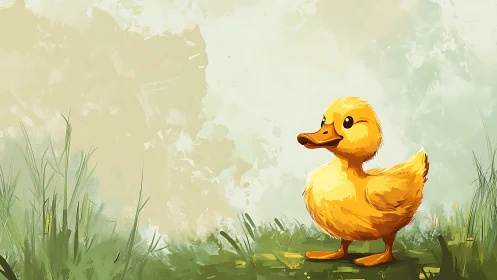 Sunny meadow duckling with wide-eyed wonder and charm.