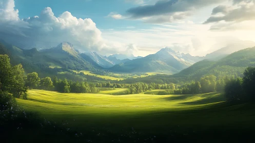 Sunlit mountain valley invites quiet wandering and soft wonder