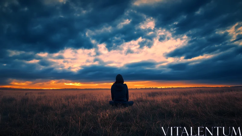 Solitary figure meditating in open field under storm sunset.