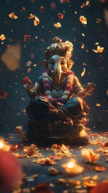 Ganesh idol glows amid floating petals and ritual lights