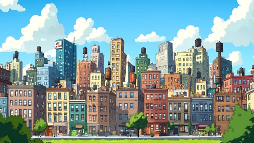 Midday city skyline with dense low-rise and high-rise blocks.