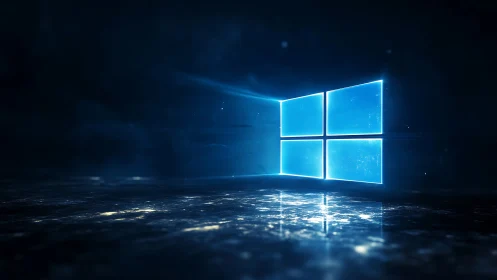 Neon window portal glows above a shimmering digital floor.