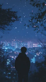 Silhouetted observer over bokeh-lit nocturnal cityscape panorama.