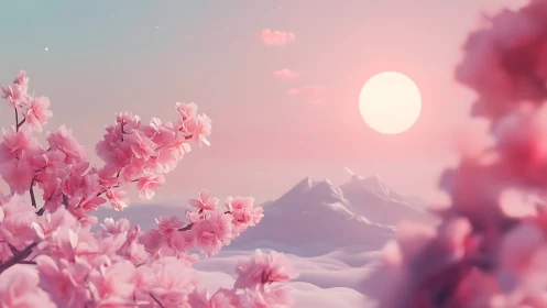 Dreamy cherry blossoms glowing in a rosy sunset sky.