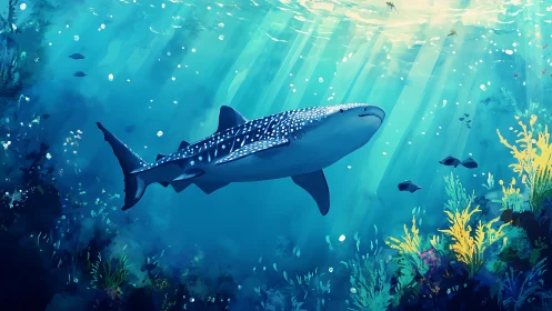 Whale shark glides through sunlit coral reef depths