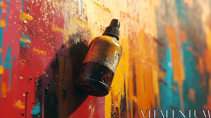 Spray paint bottle against vivid dripping graffiti wall.
