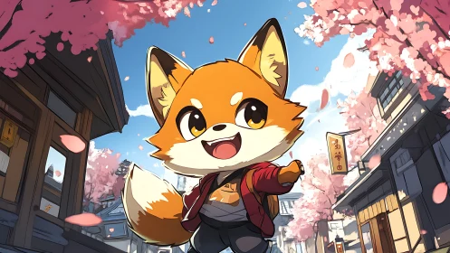 Cute chibi fox character walking under pink cherry blossoms.