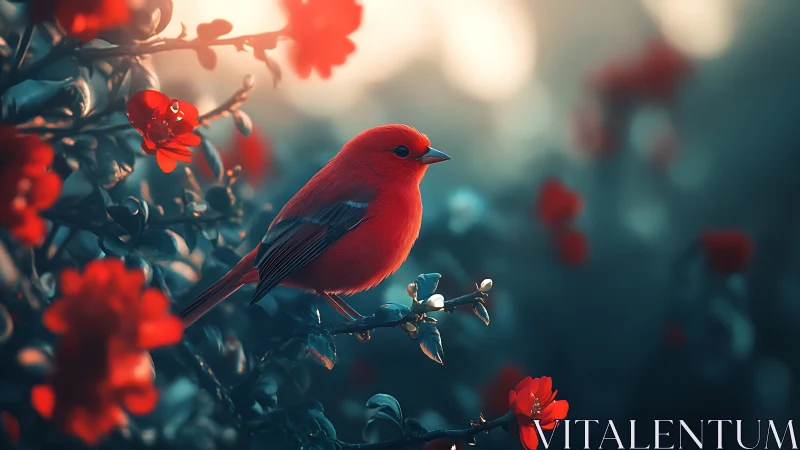 Vibrant red bird perched on flowering branch in dreamy soft light.