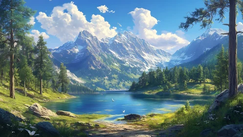 Snowcapped mountain lake reflects bright summer sky