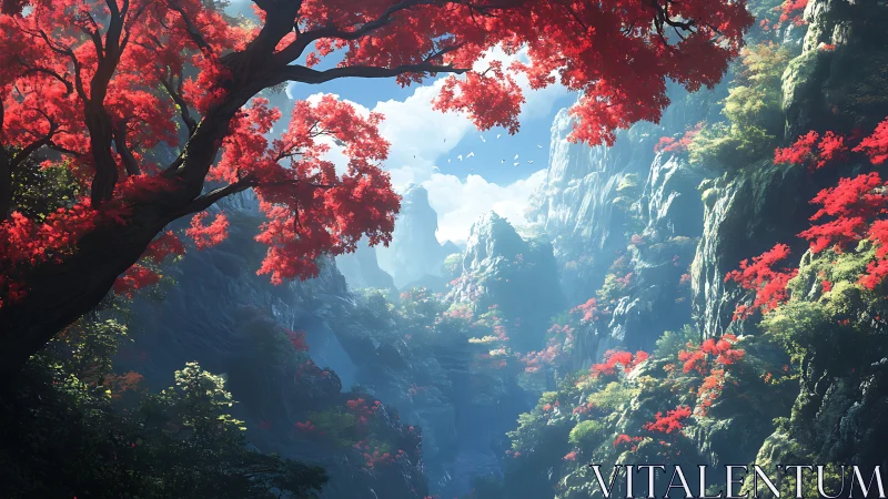 Digital painting of vermilion canopy over misted mountain gorge.