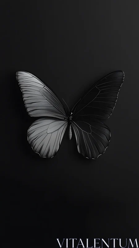 Monochrome metallic butterfly rests on deep black void.