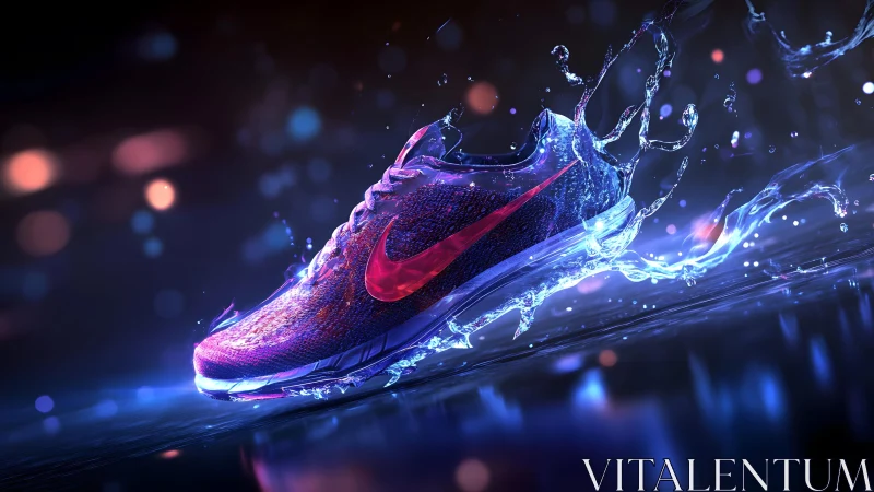Futuristic running shoe in dynamic splash, neon lighting style.