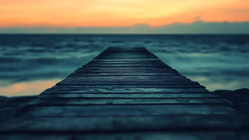 Wooden pier extending into calm sea at dusk horizon.