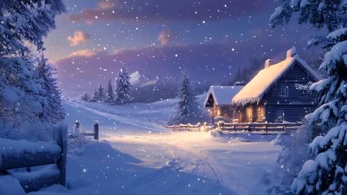 Snow-covered cabin and forest under evening winter sky