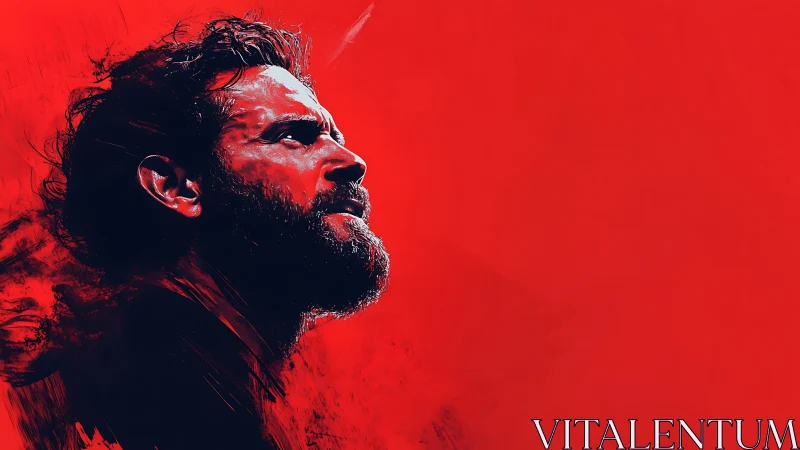 Crimson roar of resolve, a lone profile in painted flame.