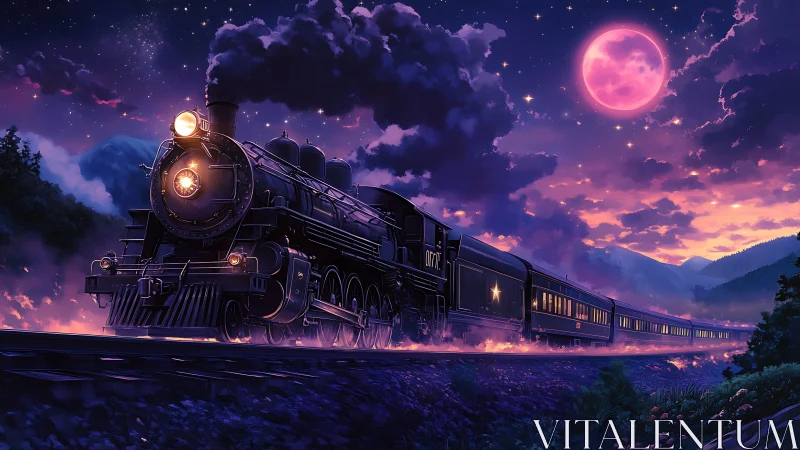 Midnight steam train under vivid starry magenta sky.