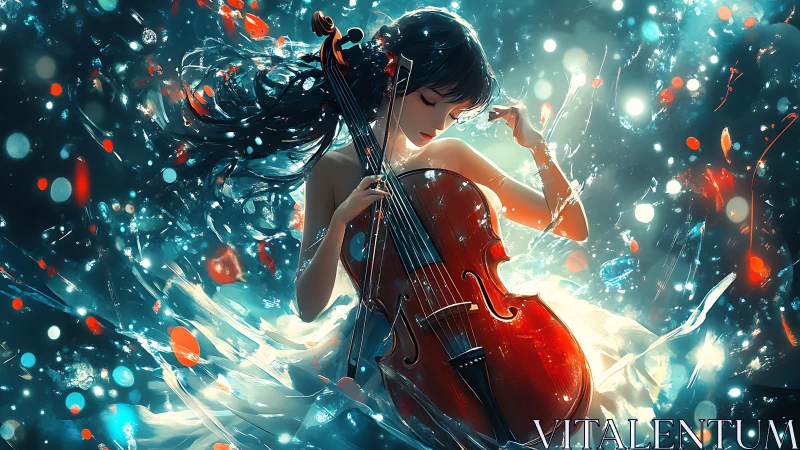 Cellist immersed in luminous fluid dynamics and bokeh particles