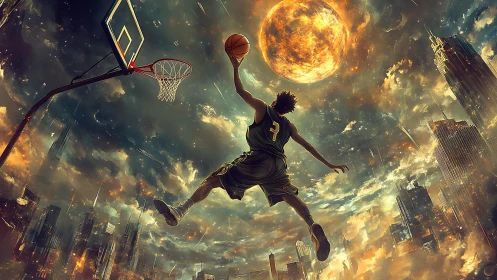 Soaring streetball hero leaping toward a blazing cosmic sun.