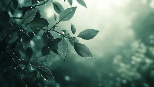 Dew covered tree leaves against diffuse soft focus background.