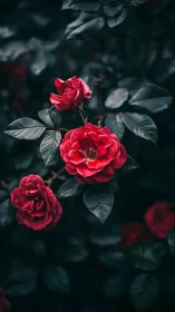 Red roses displayed against dark foliage in botanical context.
