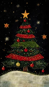Starlit Christmas tree glows over snowy midnight meadow.