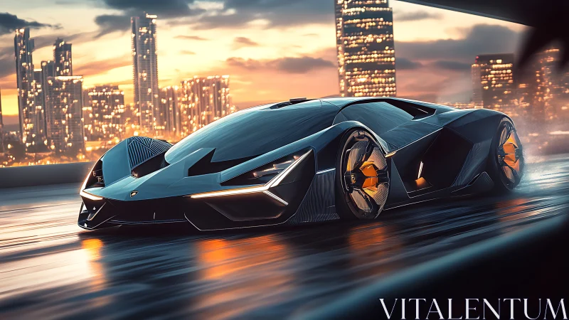 Daring futuristic supercar glides along a glowing city skyline