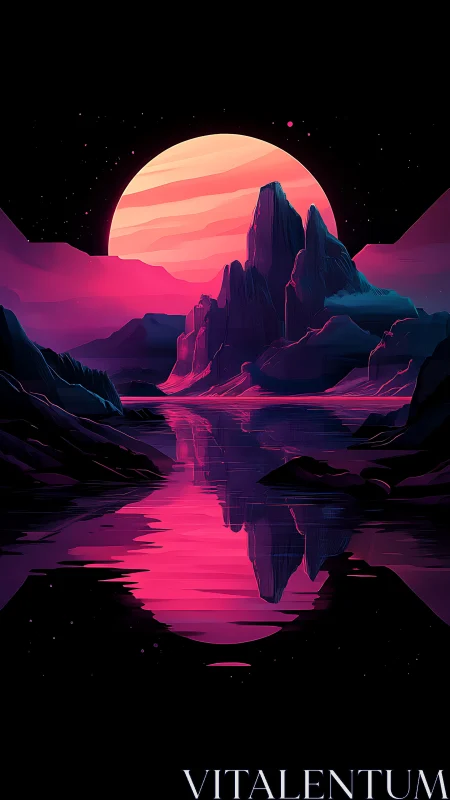 Neon alien mountains rise under a giant glowing planet.