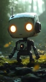 3D stylized forest robot with luminous eyes and soft bokeh background.