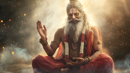 Enlightened yogi meditates in radiant golden spiritual light.