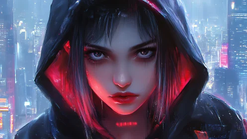 Neon hooded vigilante studies the sleepless cyber city below