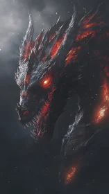 Infernal obsidian dragon roars through volcanic smoke