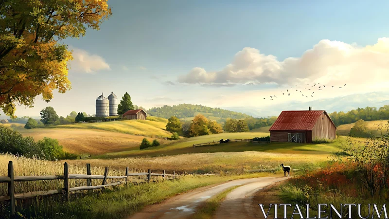 Sunlit rural farmstead with red barn and winding path.